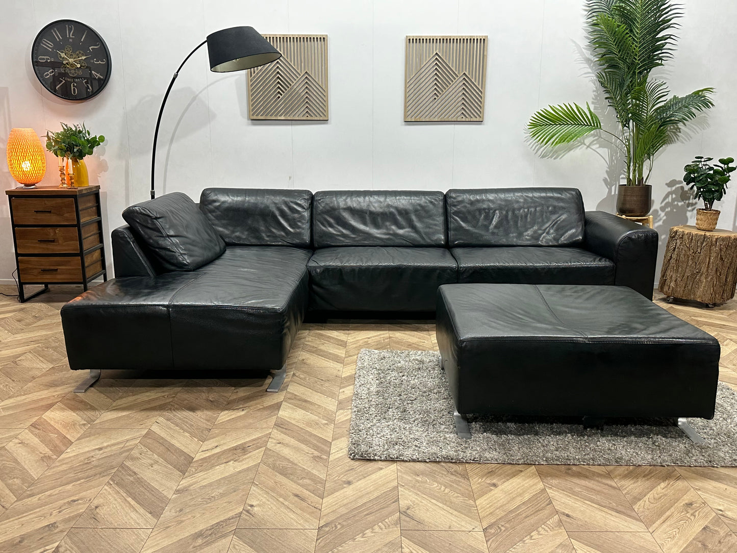 Zwarte Echt Lederen Hoekbank Inc Hocker ~ Vaste Kussens