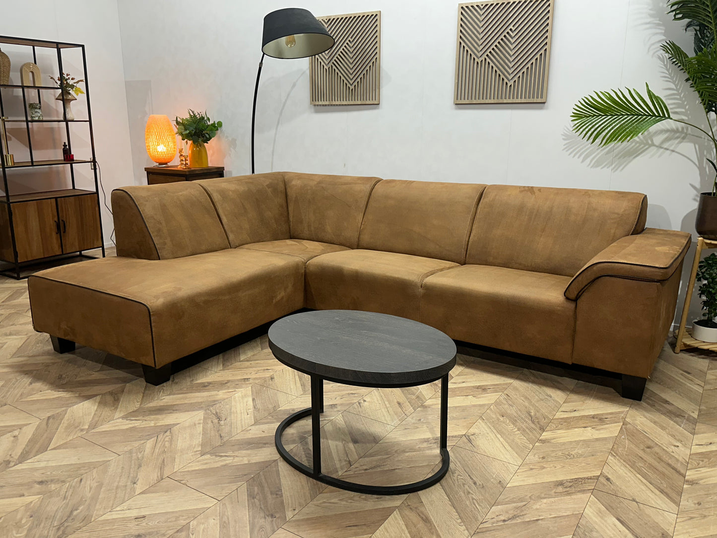 Cognac Bruine Suède Stoffen Hoekbank ~ Vaste Kussens