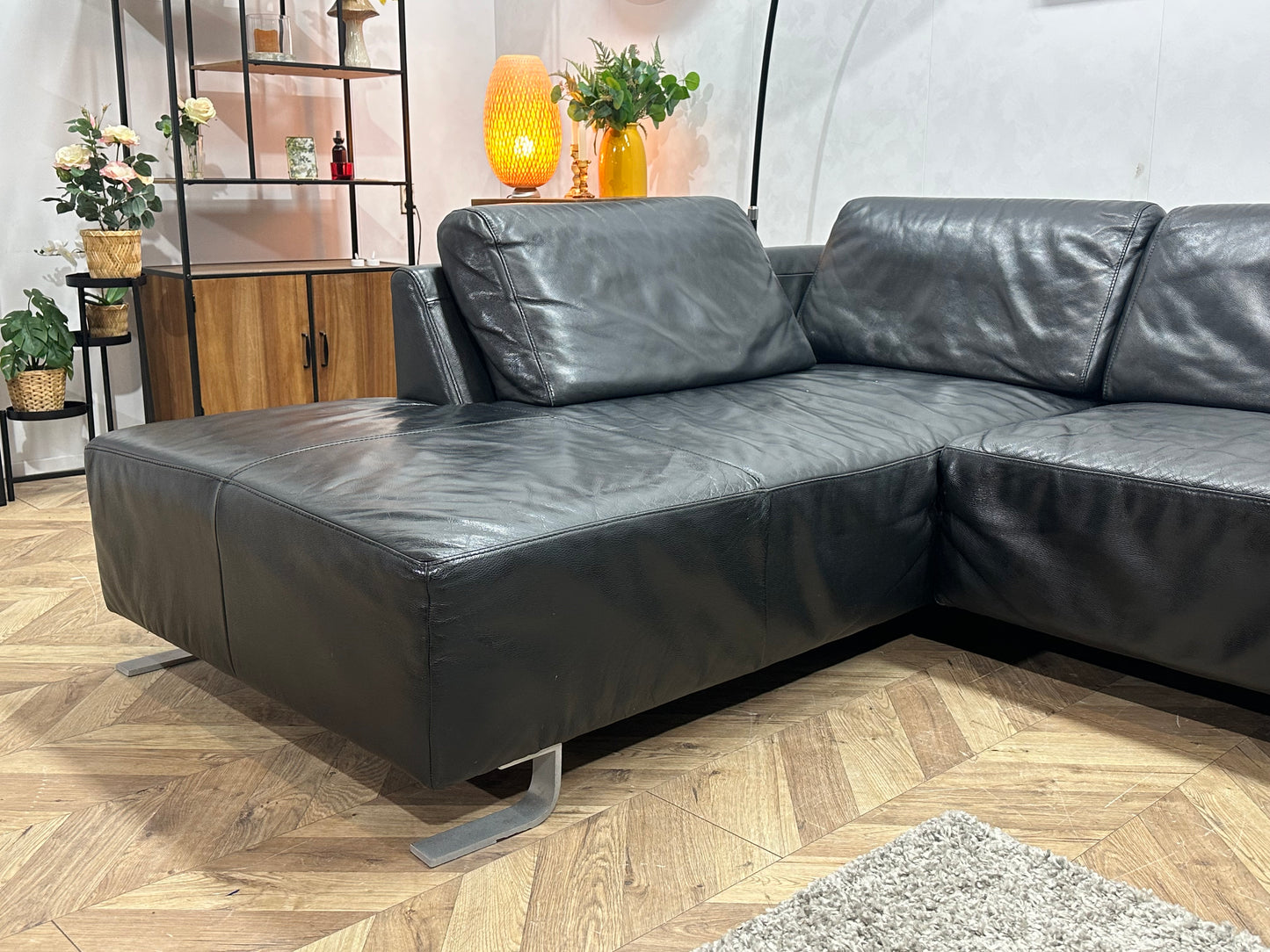 Zwarte Echt Lederen Hoekbank Inc Hocker ~ Vaste Kussens