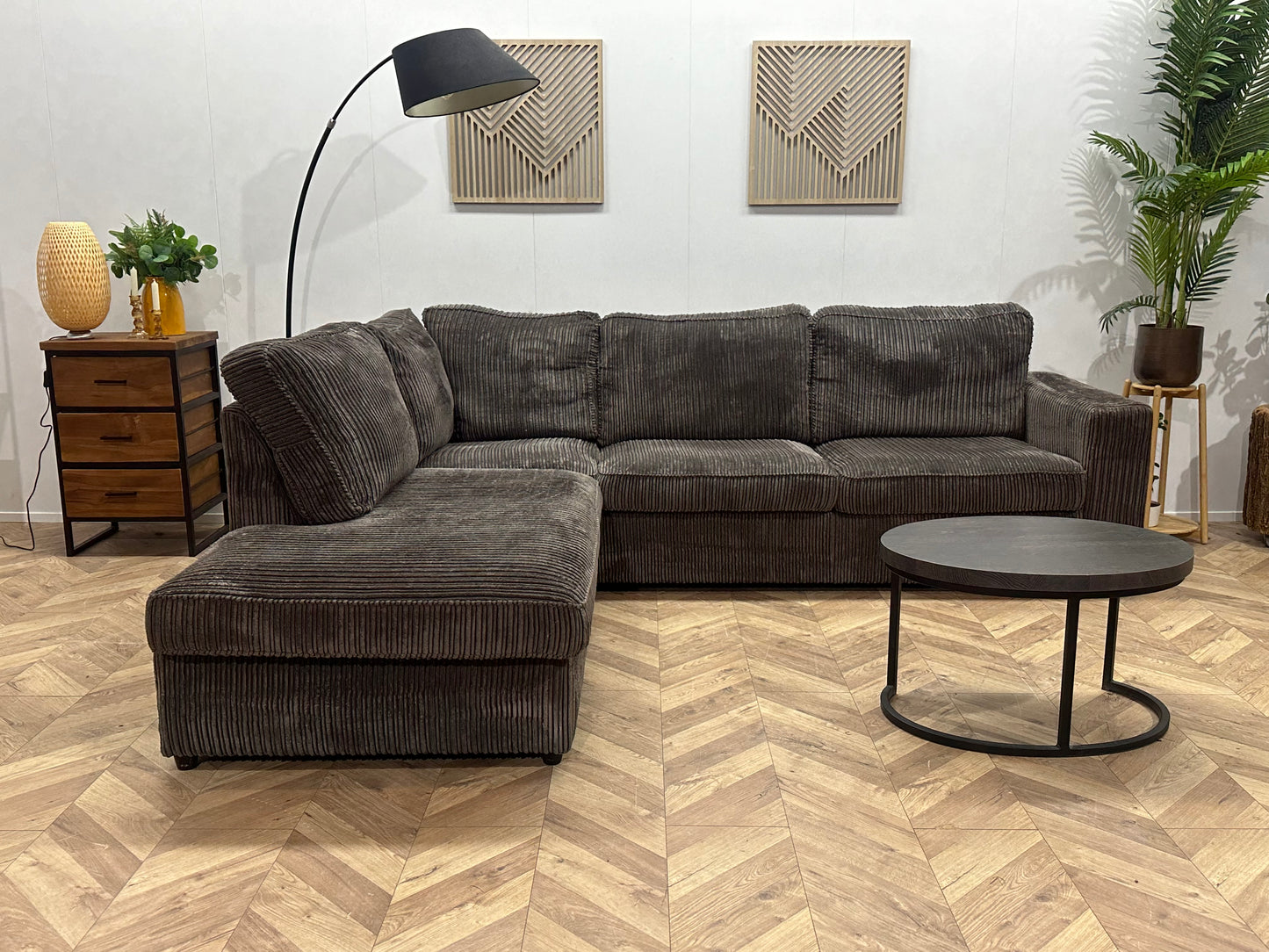 Grijze Ribstof Hoekbank ~ Losse Kussens Met Afneembare Hoezen