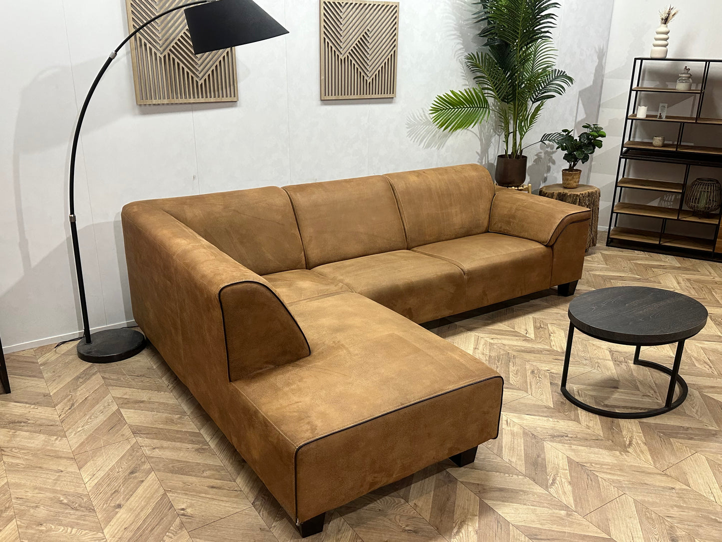 Cognac Bruine Suède Stoffen Hoekbank ~ Vaste Kussens