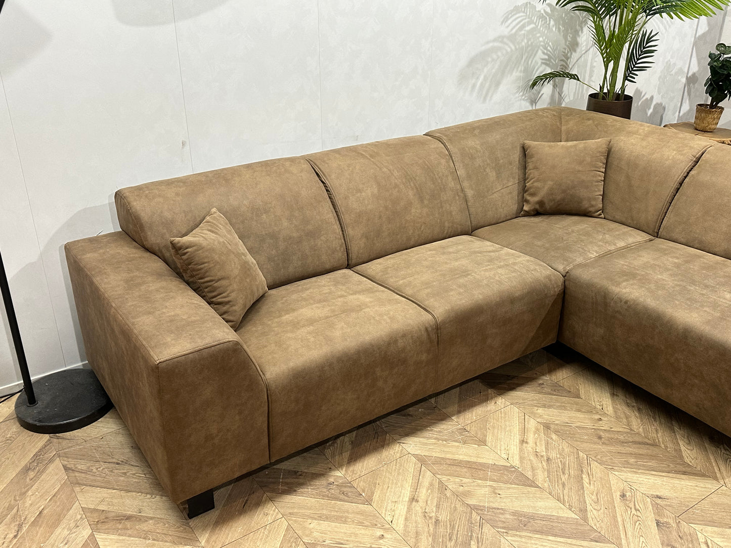 Bruine Suède Lederen Hoekbank ~ Vaste Kussens