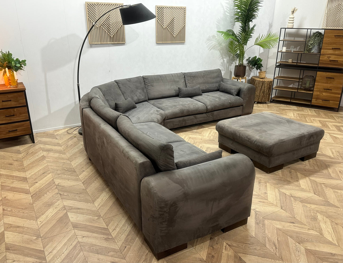 Antraciet Suède Stoffen Hoekbank Inc Hocker ~ Losse Kussens Met Afneembare Hoezen