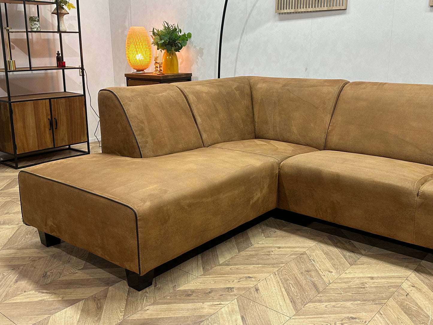 Cognac Bruine Suède Stoffen Hoekbank ~ Vaste Kussens