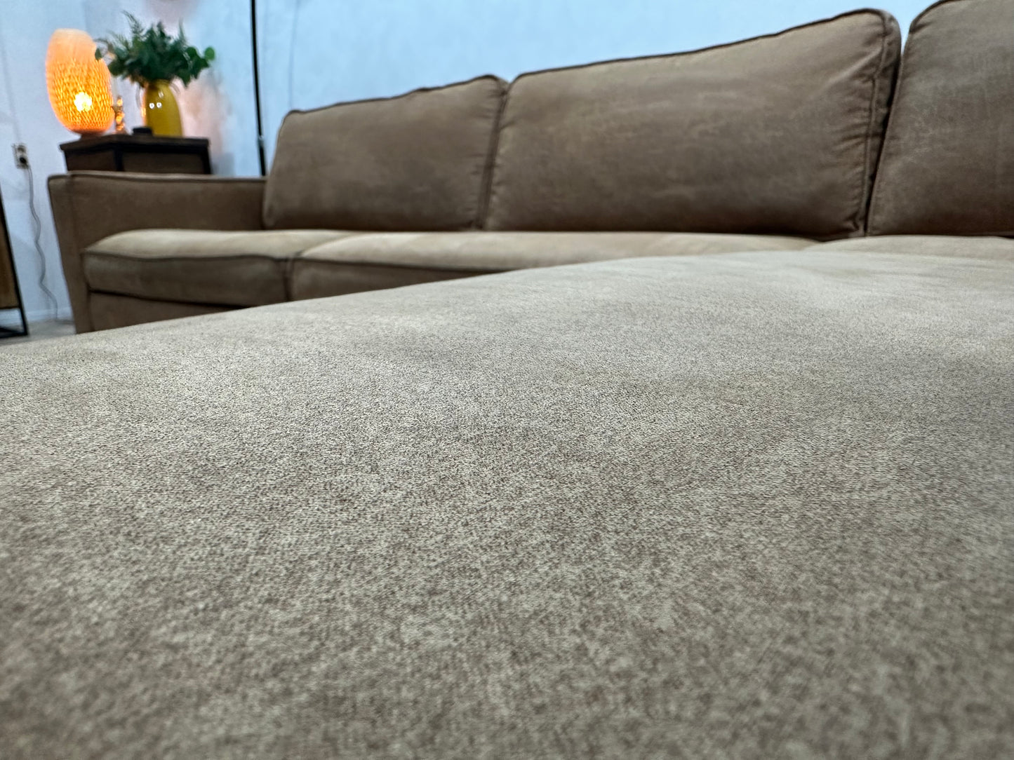 Cognac Bruine Suède Stoffen Hoekbank ~ Losse Kussens Met Afneembare Hoezen