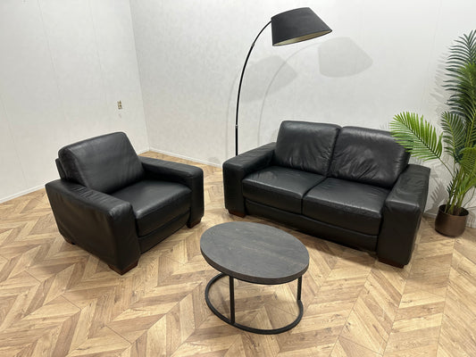 Montèl Zwart Echt Lederen 2.5-Zits Bank Inc Fauteuil ~ Vaste Kussens