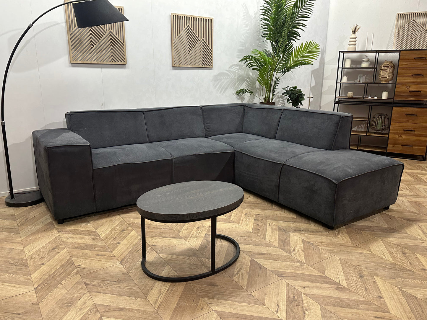 Antraciet Suède Stoffen Hoekbank ~ Vaste Kussens