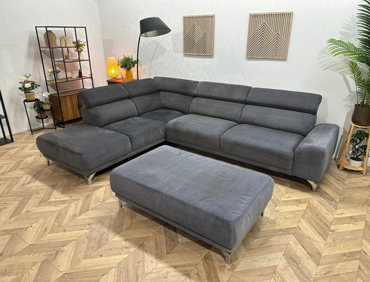 Grijze Suède Stoffen Hoekbank ~ Verstelbare Hoofdsteunen