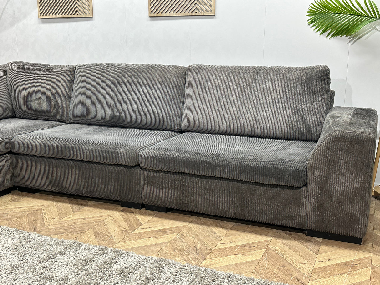 Grijze Ribstof Hoekbank ~ Losse Kussens Met Afneembare Hoezen