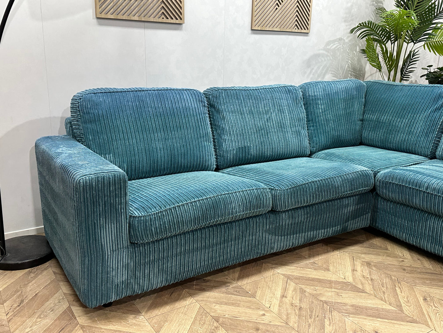 Licht Blauwe Ribstof Hoekbank ~ Losse Kussens Met Afneembare Hoezen