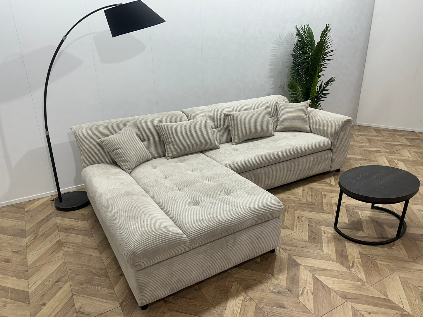 !Showroommodel! Crème Ribstof Hoekbank ~ Slaapfunctie ~ Opbergruimte