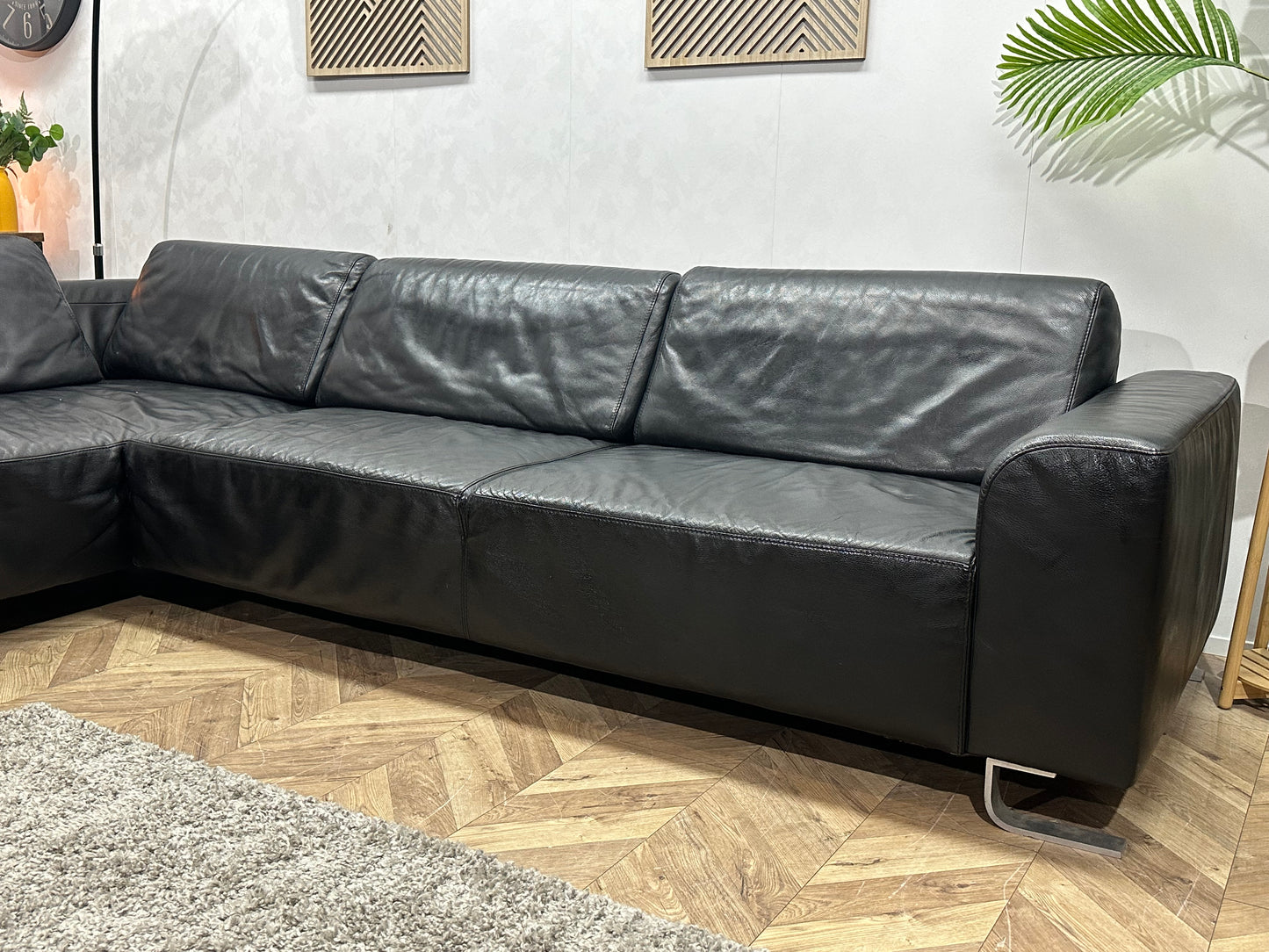 Zwarte Echt Lederen Hoekbank Inc Hocker ~ Vaste Kussens