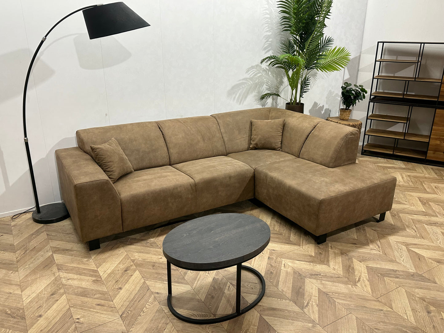 Bruine Suède Lederen Hoekbank ~ Vaste Kussens