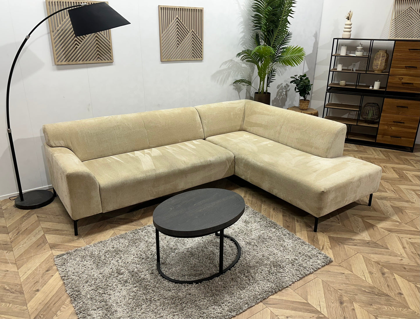 Crème Bouclé Stoffen Hoekbank ~ Vaste Kussens