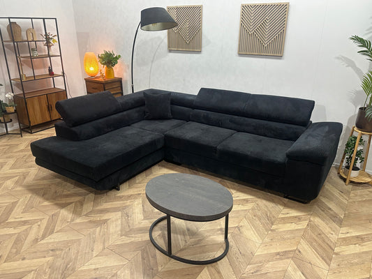 Zwart Ribstof Hoekbank ~ Verstelbare  Hoofdsteunen