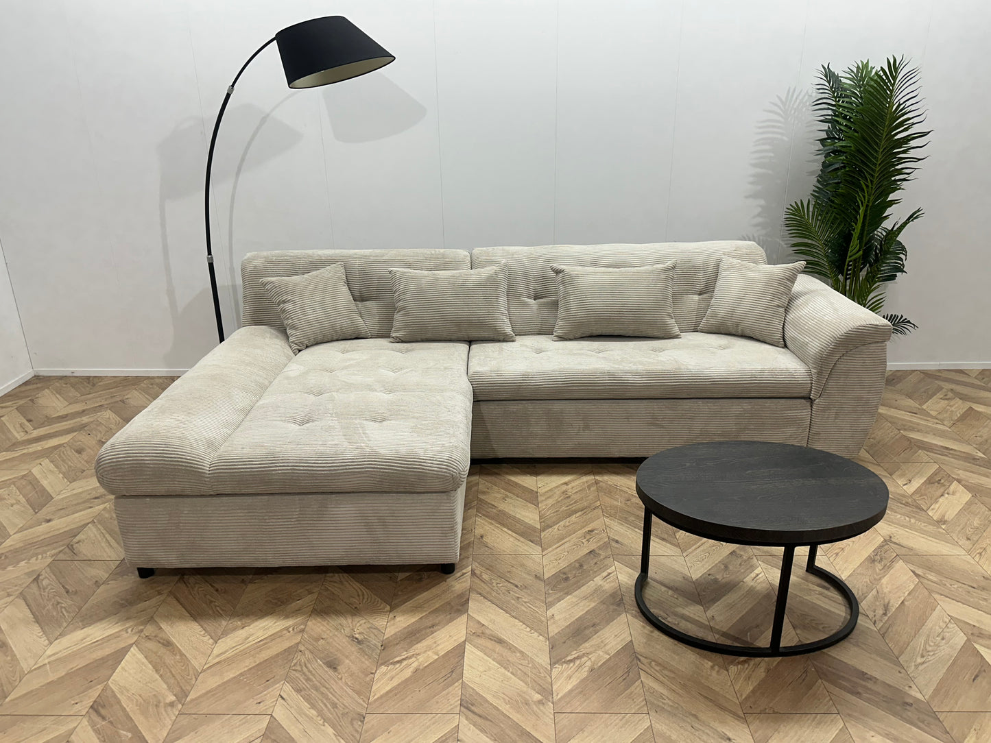 !Showroommodel! Crème Ribstof Hoekbank ~ Slaapfunctie ~ Opbergruimte