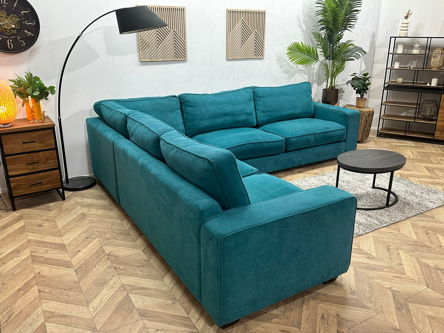 Blauwe Suède Stoffen Hoekbank ~ Losse Kussens Met Afneembare Hoezen