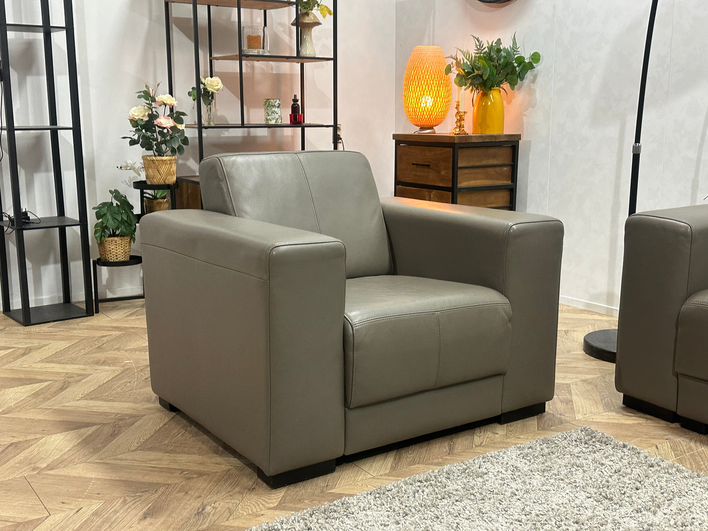 Taupe Echt Lederen 3-Zits Bank Inc Fauteuil ~ Vaste Kussens