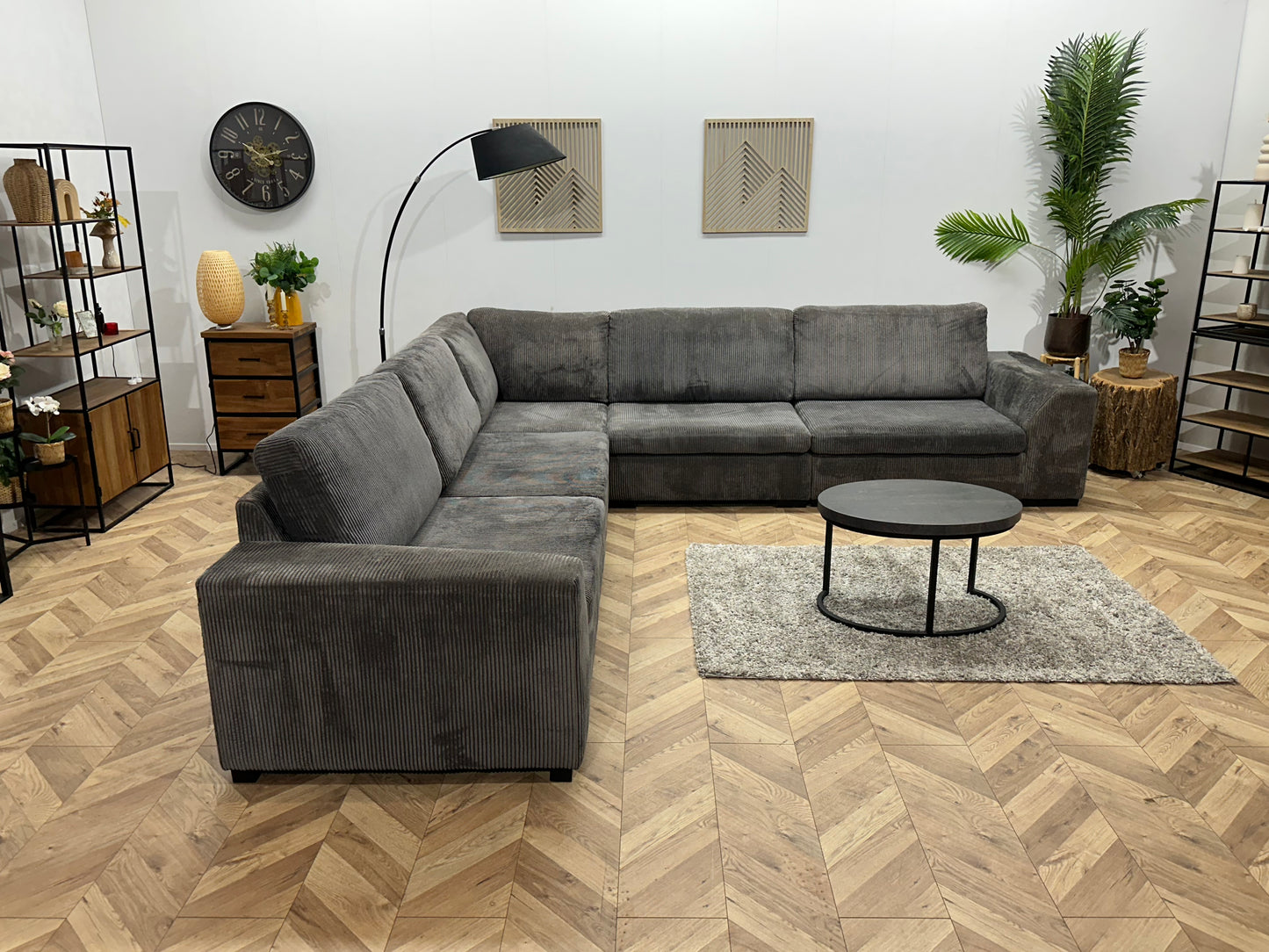 Grijze Ribstof Hoekbank ~ Losse Kussens Met Afneembare Hoezen