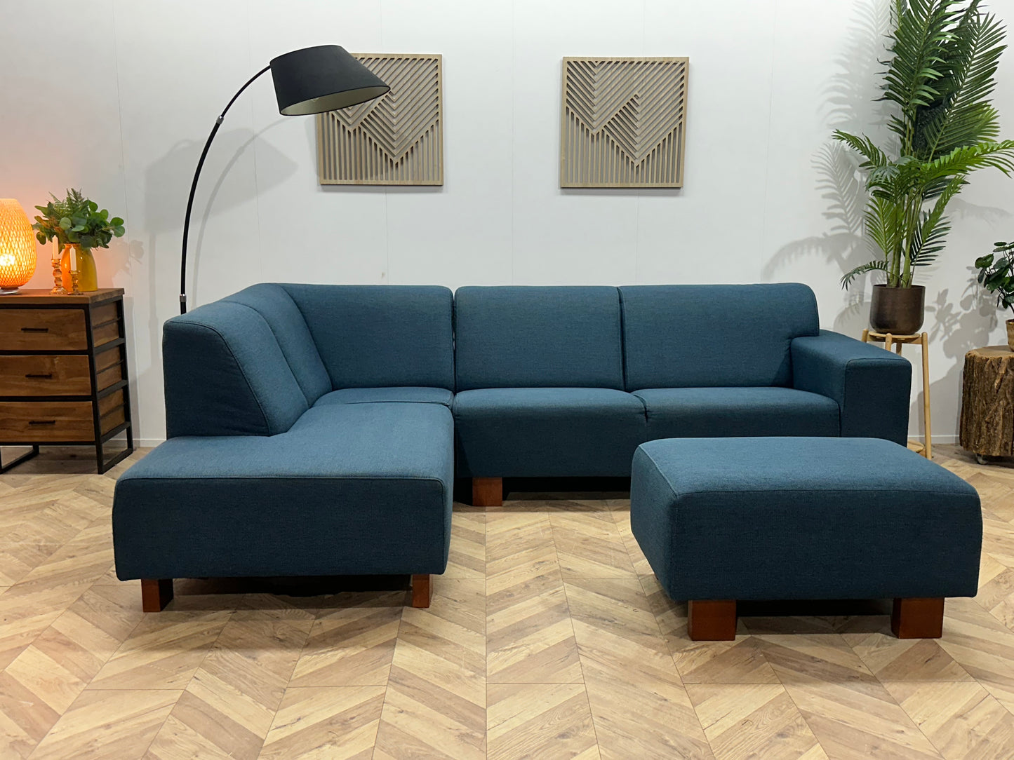 Blauwe Hoekbank Inc Hocker ~ Vaste Kussens