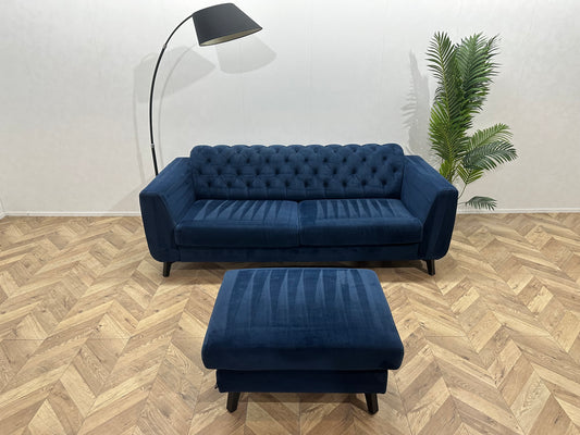 H&H Blauwe Velvet 2.5-Zits Bank Inc Hocker ~ Vaste Kussens