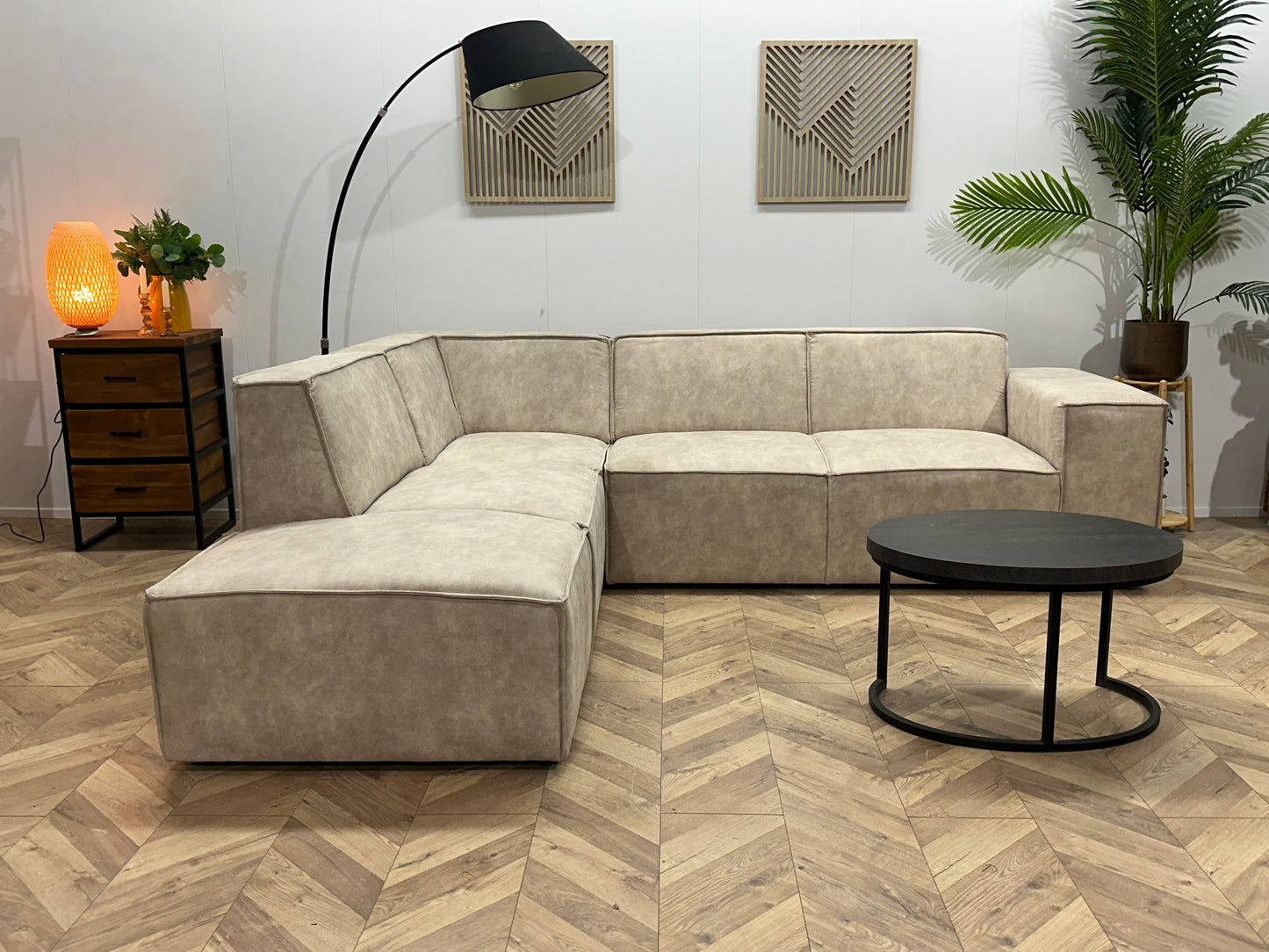 !Showroommodel! Crème Suède Stoffen Hoekbank