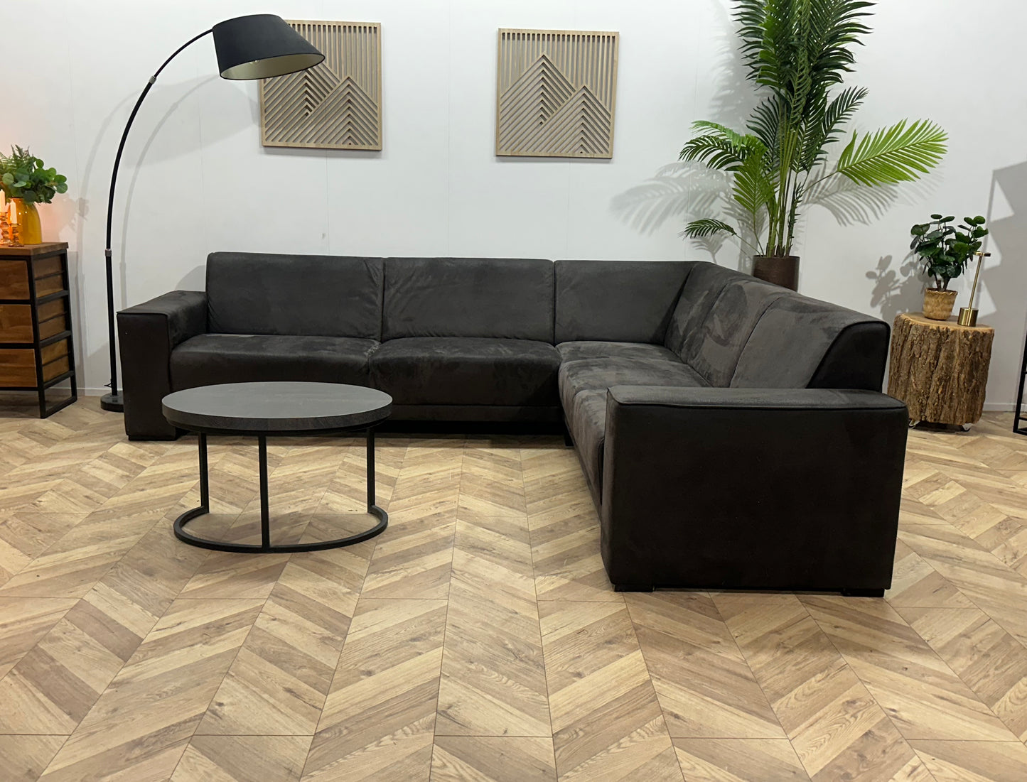 !Showroommodel! Antraciet Suède Stoffen Hoekbank ~ Vaste Kussens