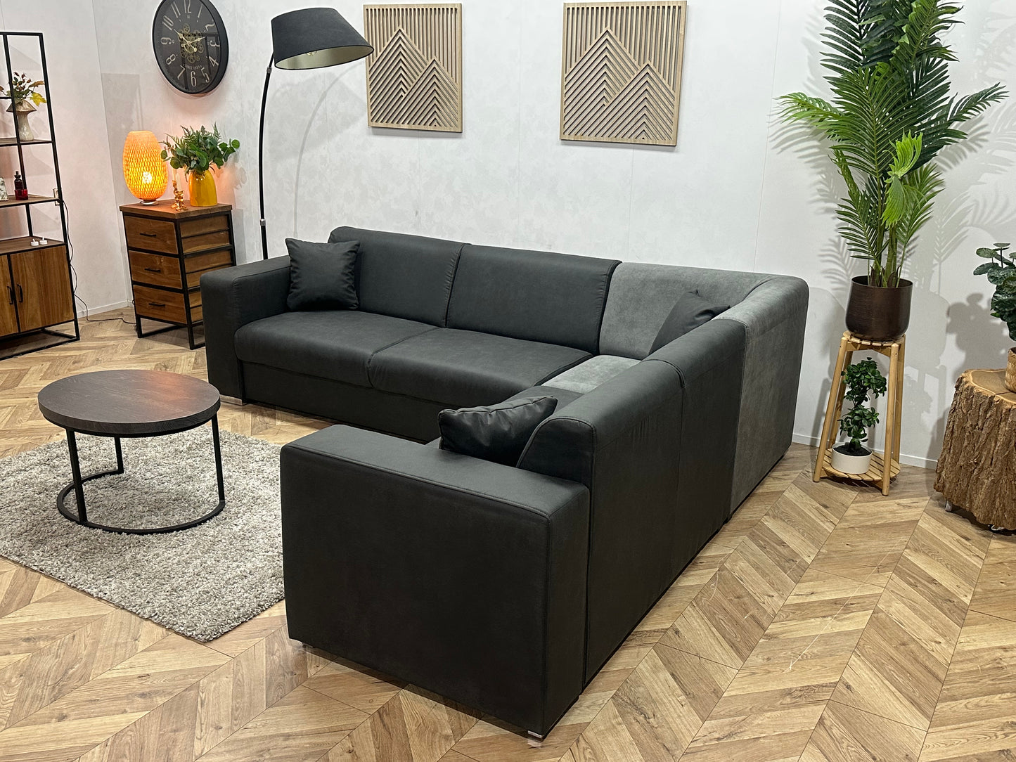 !Showroommodel! Antraciet/Grijze Suède Lederen/Velvet Hoekbank