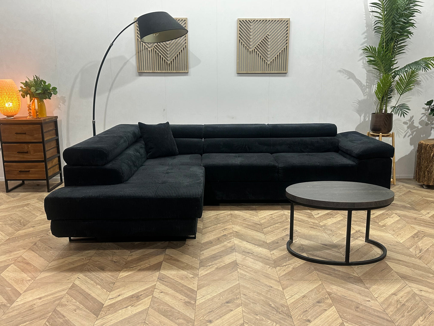 Zwart Ribstof Hoekbank ~ Verstelbare  Hoofdsteunen