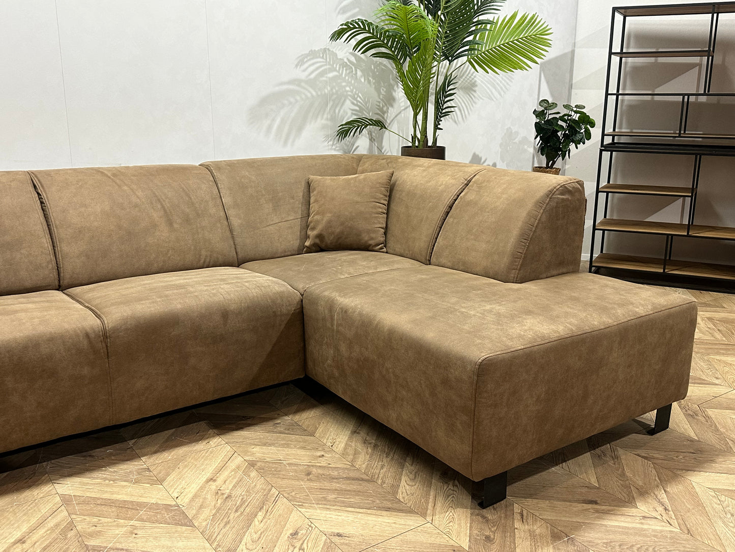 Bruine Suède Lederen Hoekbank ~ Vaste Kussens