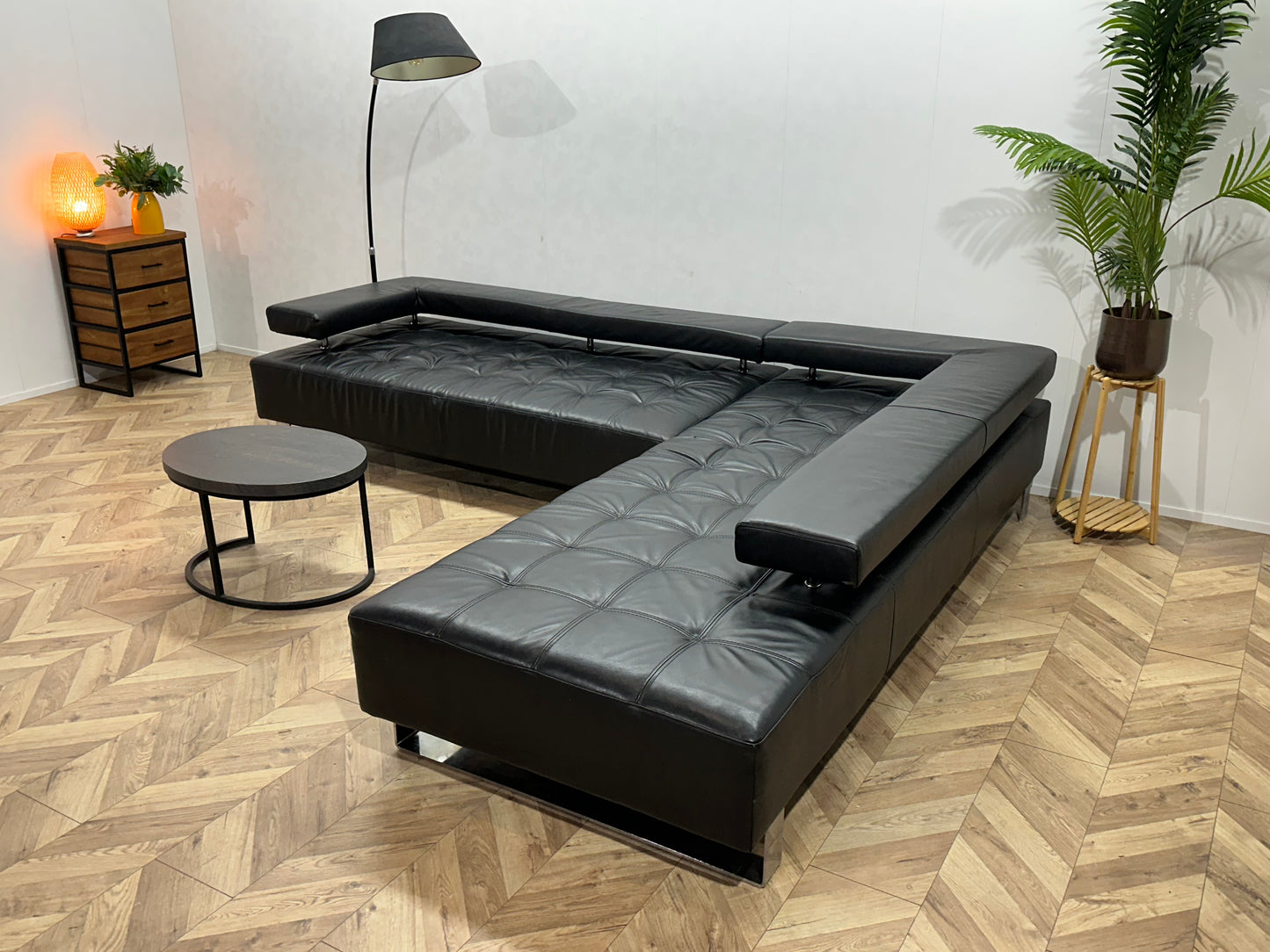 Montèl Zwart Echt Lederen Design Hoekbank ~ Vaste Kussens