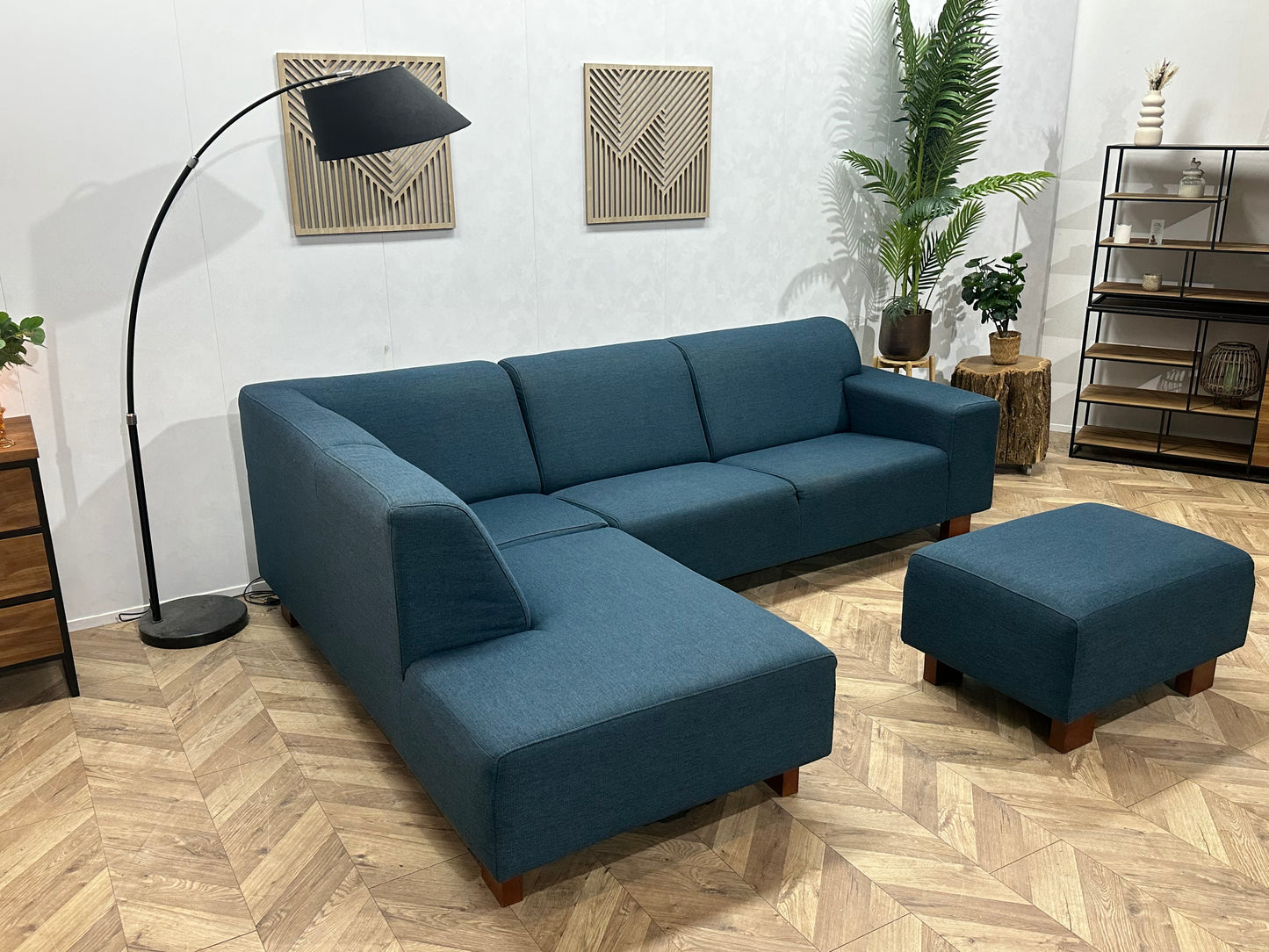 Blauwe Hoekbank Inc Hocker ~ Vaste Kussens