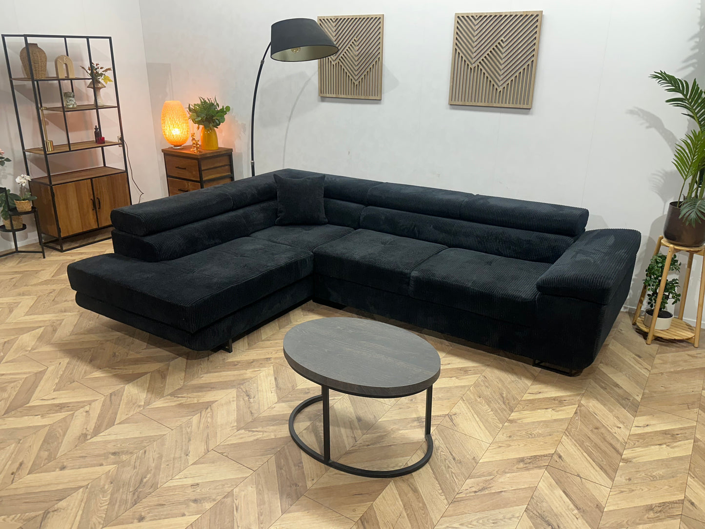 Zwart Ribstof Hoekbank ~ Verstelbare  Hoofdsteunen