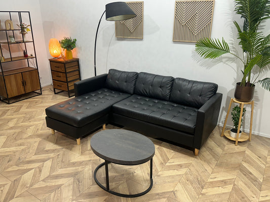 Zwart Echt Lederen Hoekbank ~ Losse Kussens Met Afneembare Hoezen
