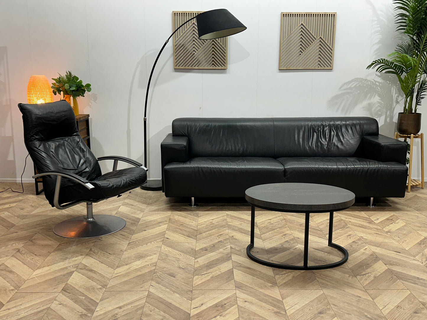 Zwart Echt Lederen 2.5-Zits Bank Inc Fauteuil ~ Vaste Kussens