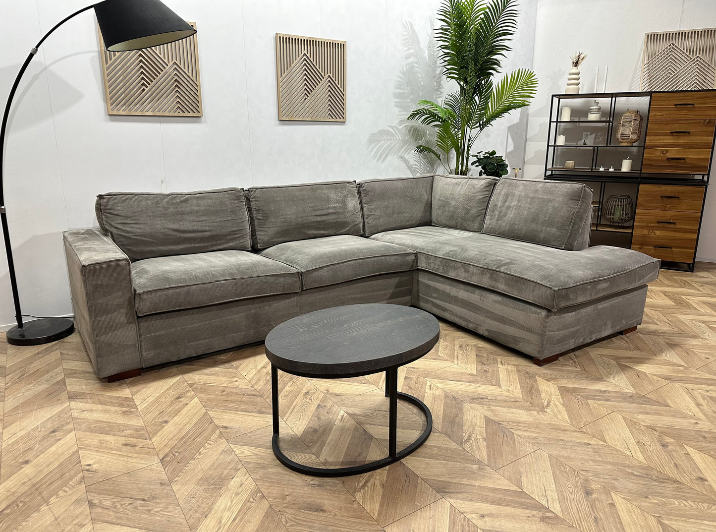 Woood Grijze Ribstof Hoekbank ~ Losse Kussens Met Afneembare Hoezen