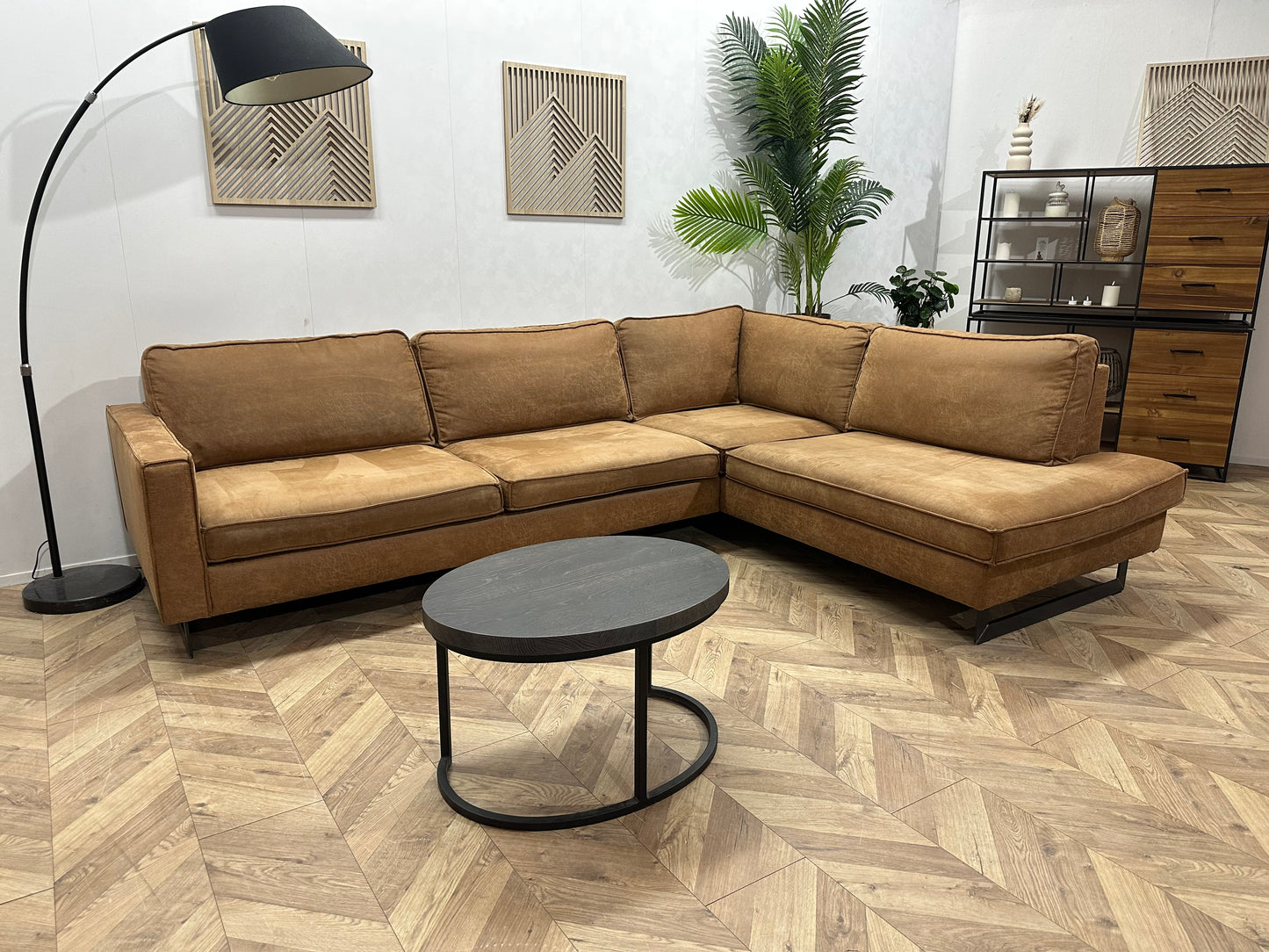 Cognac Bruine Suède Stoffen Hoekbank ~ Losse Kussens Met Afneembare Hoezen