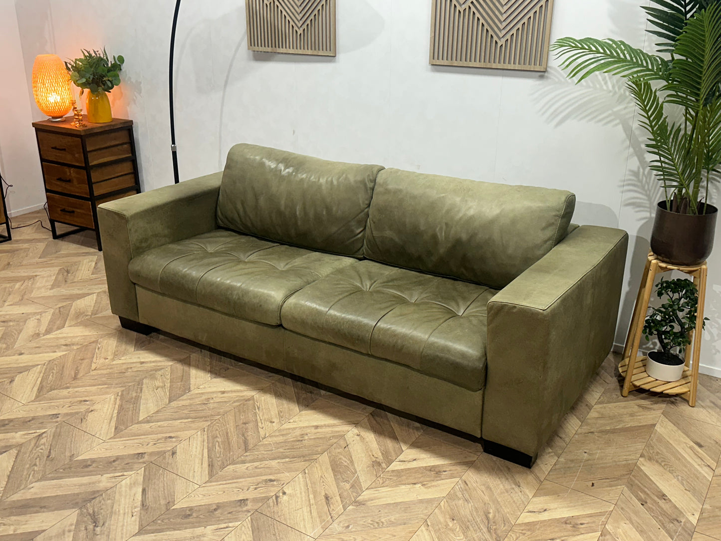 Groene Echt Lederen 2.5-Zits Bank ~ Losse Kussens Met Afneembare Hoezen