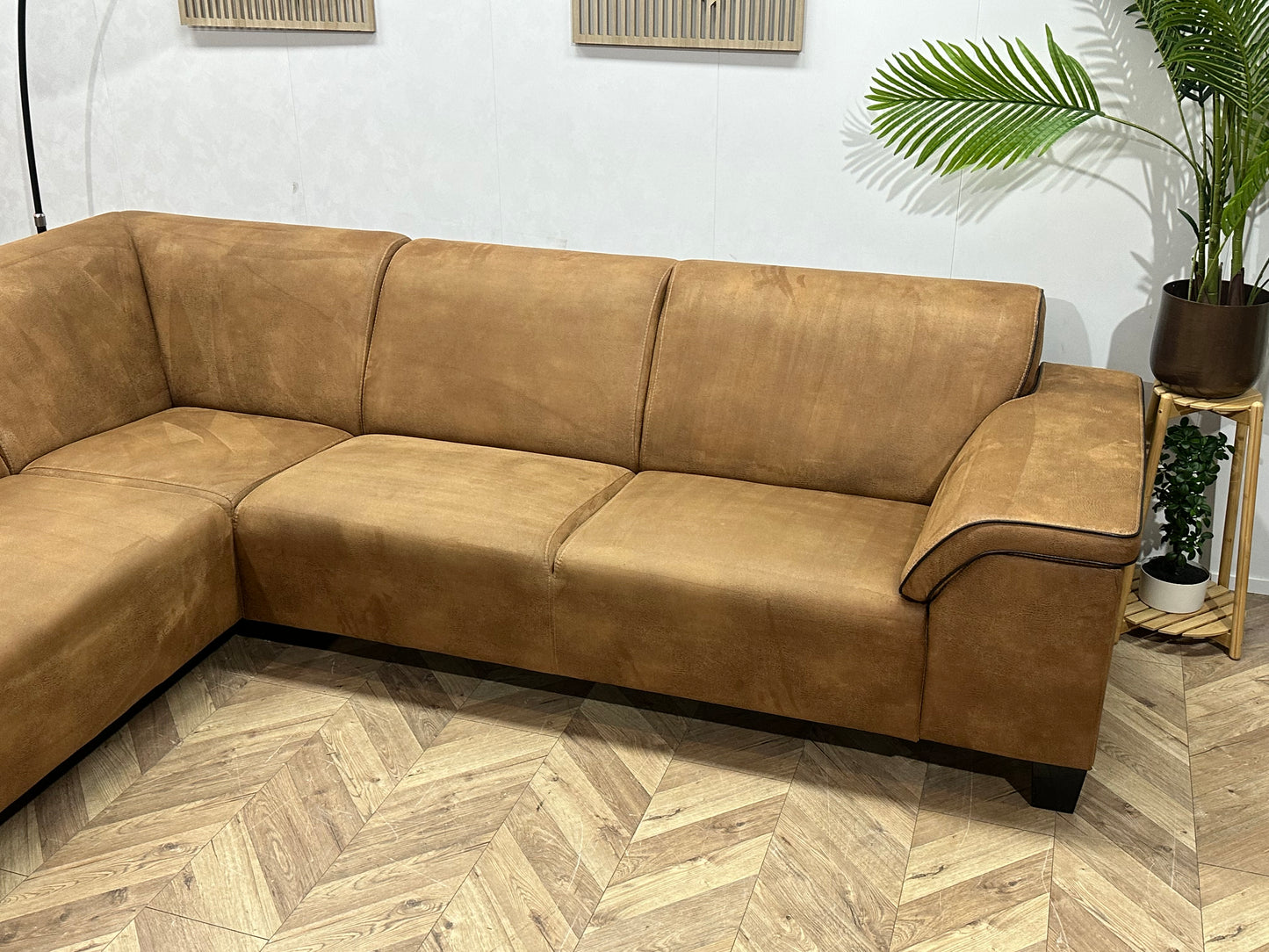 Cognac Bruine Suède Stoffen Hoekbank ~ Vaste Kussens