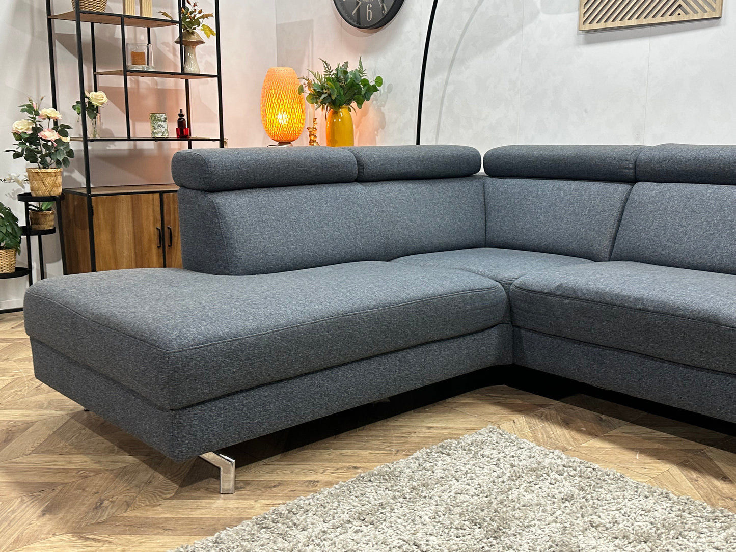 Montèl Blauwe/Grijze Hoekbank ~ Verstelbare Arm/Hoofdsteunen