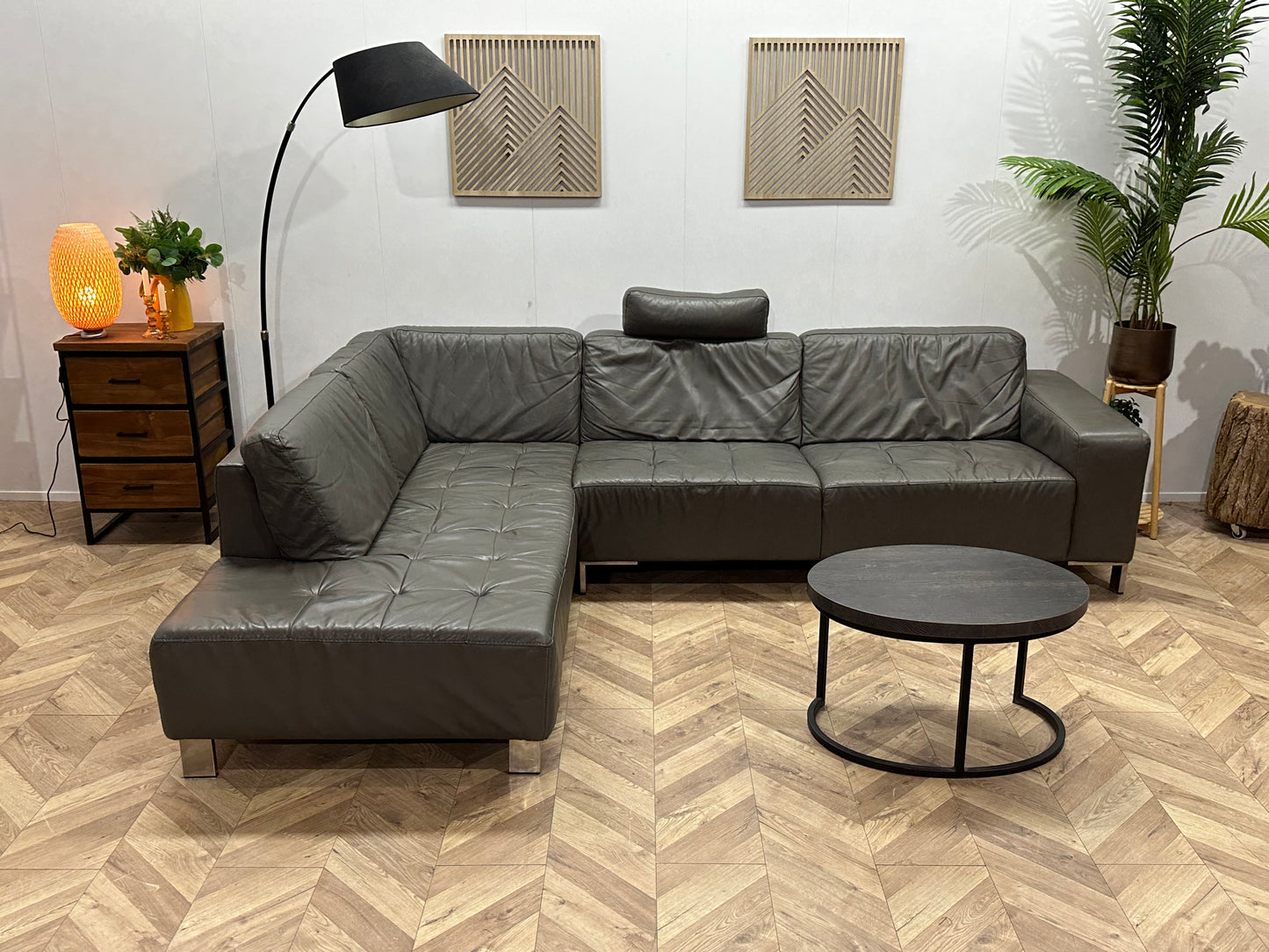 Montèl Grijze Echt Lederen Hoekbank ~ Vaste Kussens