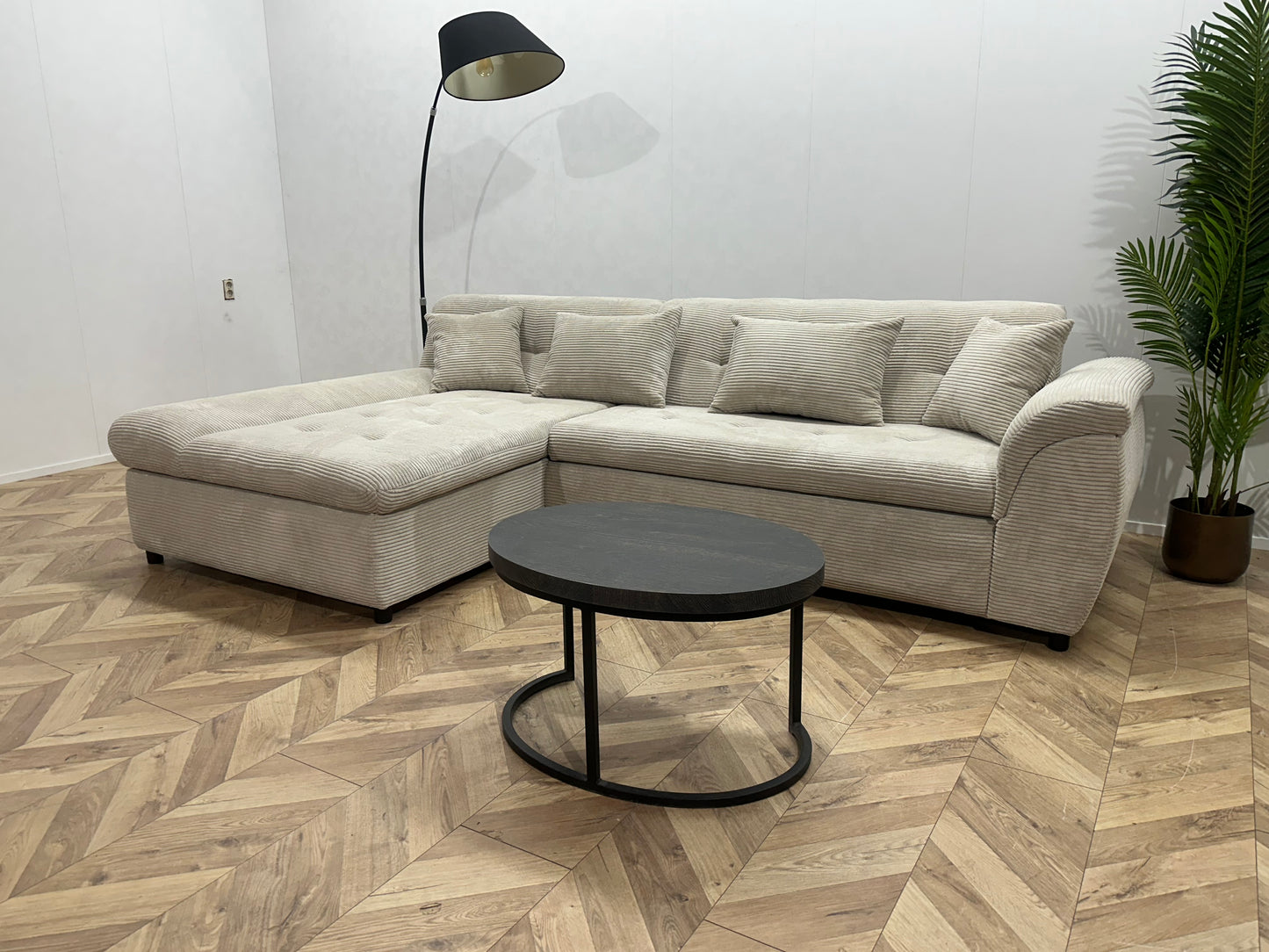 !Showroommodel! Crème Ribstof Hoekbank ~ Slaapfunctie ~ Opbergruimte