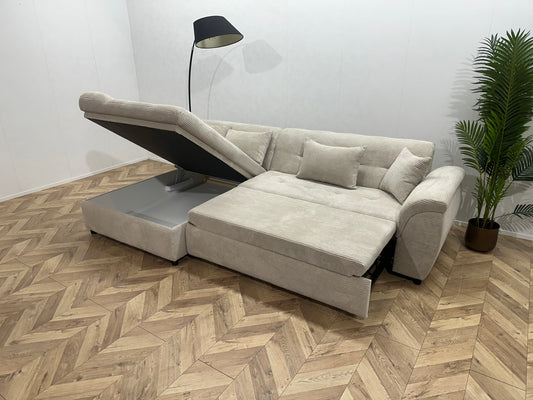 !Showroommodel! Crème Ribstof Hoekbank ~ Slaapfunctie ~ Opbergruimte