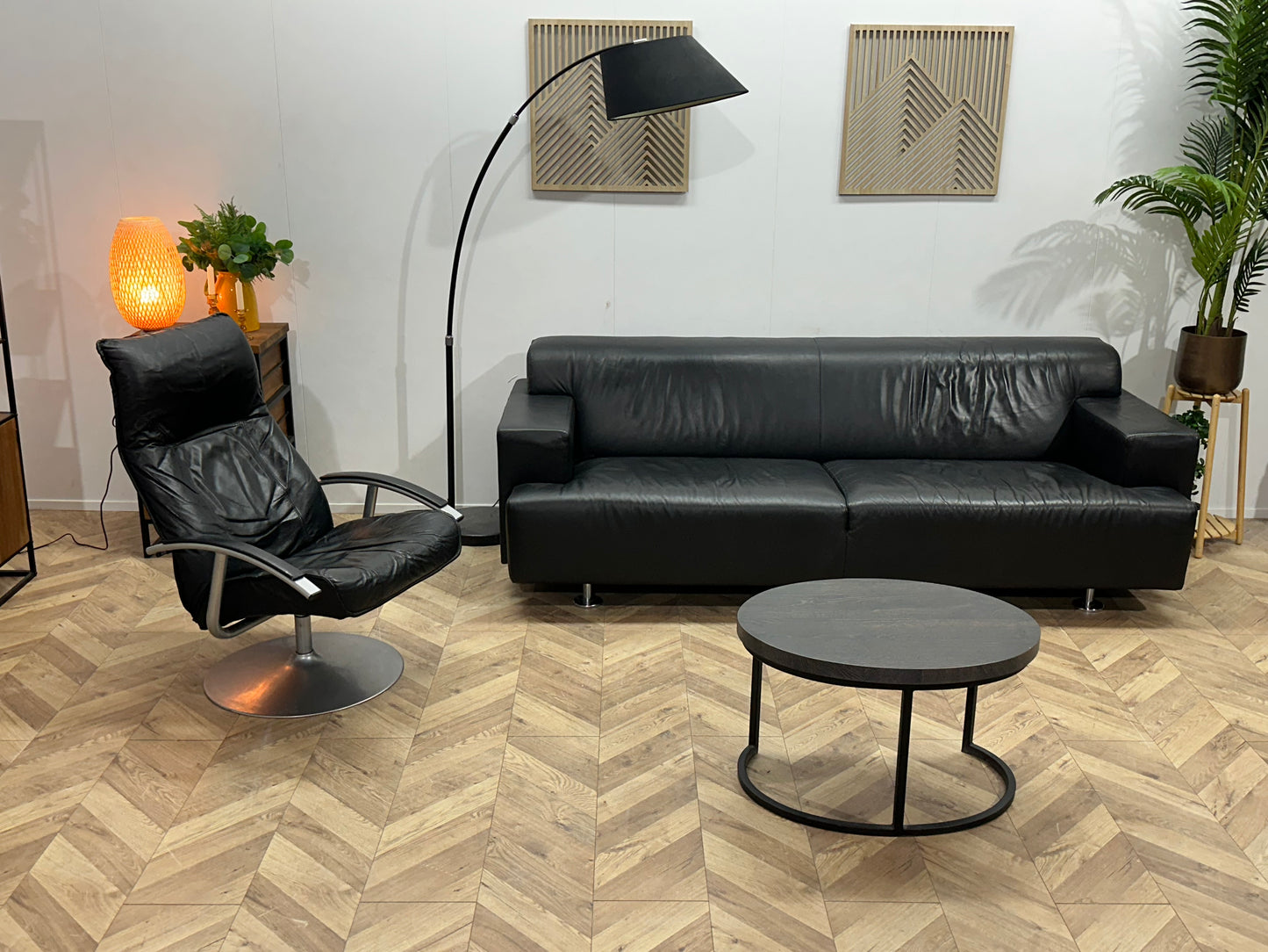 Zwart Echt Lederen 2.5-Zits Bank Inc Fauteuil ~ Vaste Kussens