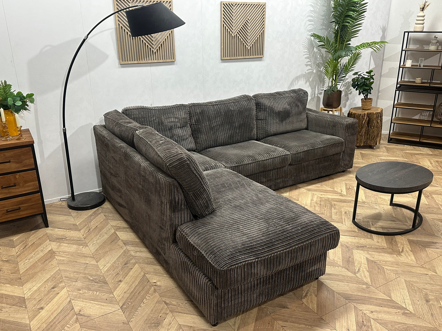 Grijze Ribstof Hoekbank ~ Losse Kussens Met Afneembare Hoezen