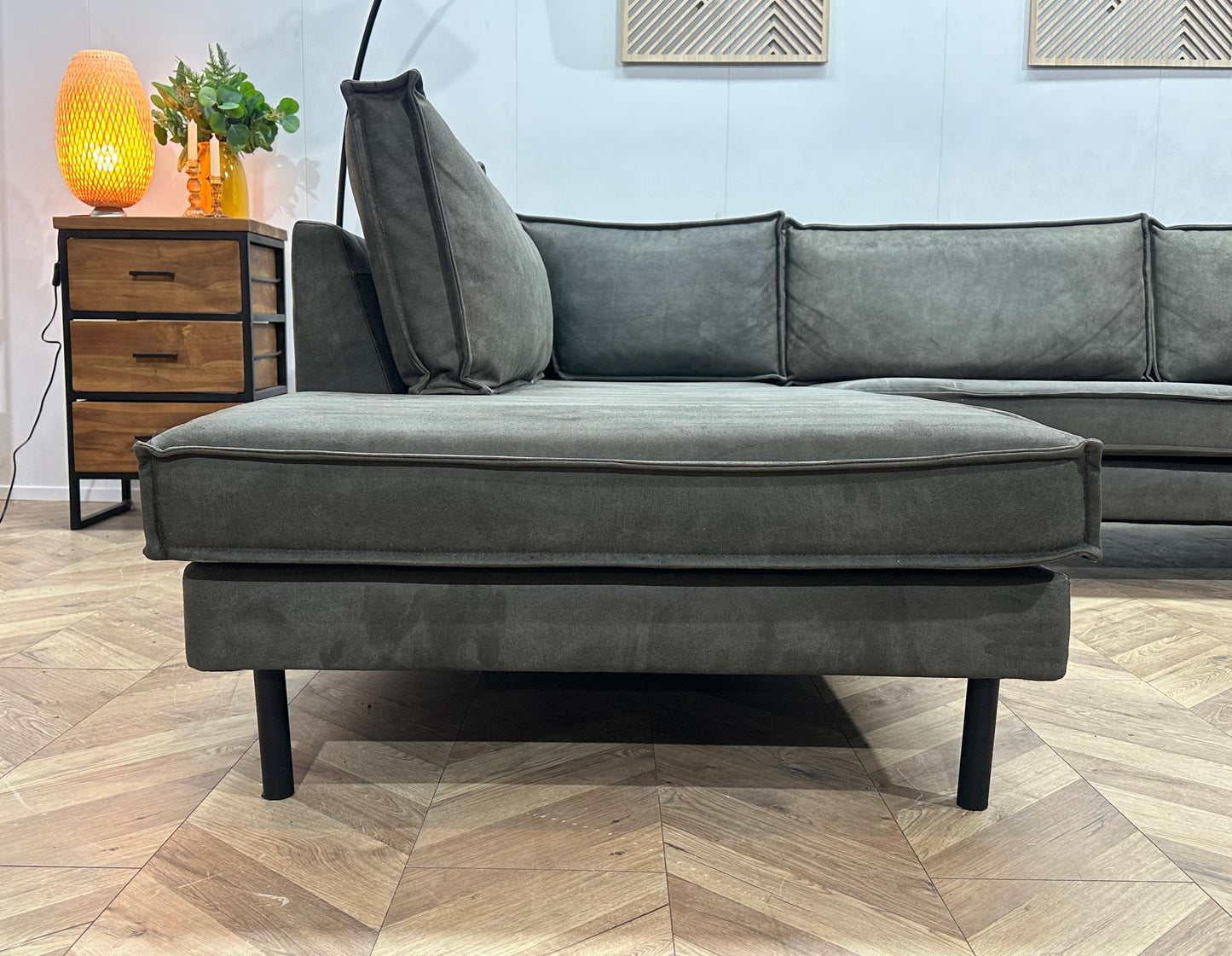 Antraciet Suède Stoffen Hoekbank ~ Losse Kussens Met Afneembare Hoezen