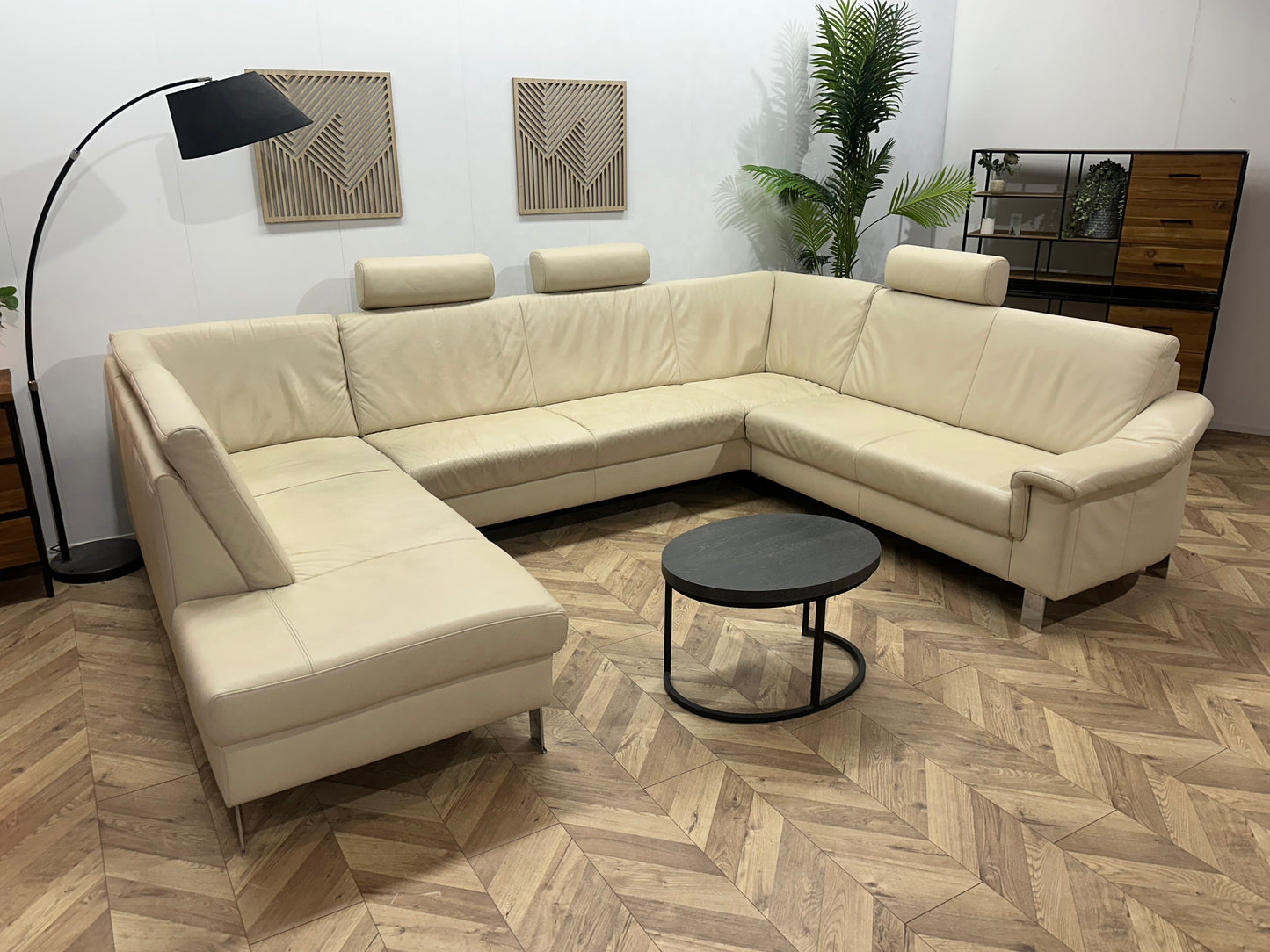 Crème Echt Lederen Ruime U Bank ~ Vaste Kussens