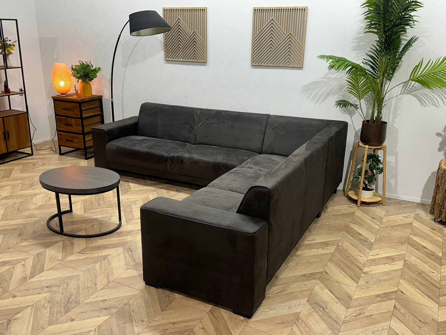 !Showroommodel! Antraciet Suède Stoffen Hoekbank ~ Vaste Kussens