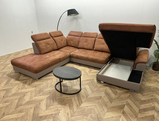 Cognac Bruine/Grijze Suède Stoffen/Lederen U Bank ~ Opbergruimte ~ Verstelbare Rug/Hoofdsteunen