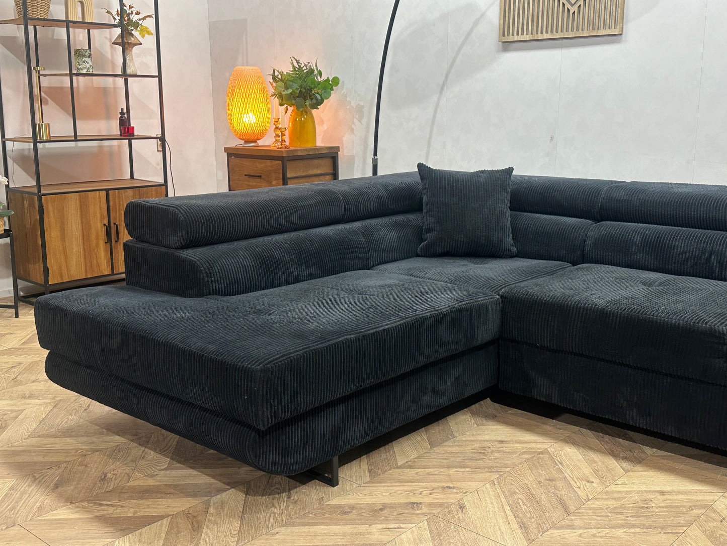 Zwart Ribstof Hoekbank ~ Verstelbare  Hoofdsteunen